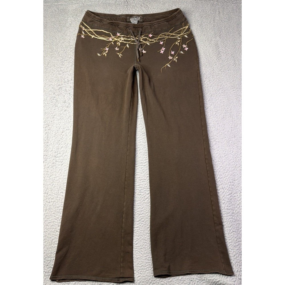 Da-Nang Pants Womens 34 in Waist Y2K Vintage Flared Brown Embroidered Floral